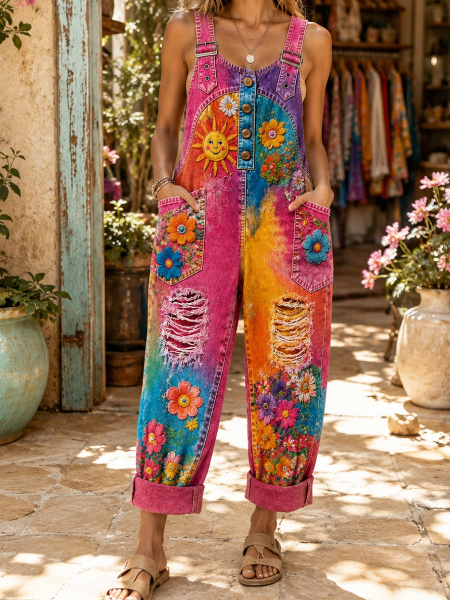 Women's Retro Style Art Print Washed Cotton Denim Patchwork Jumpsuit